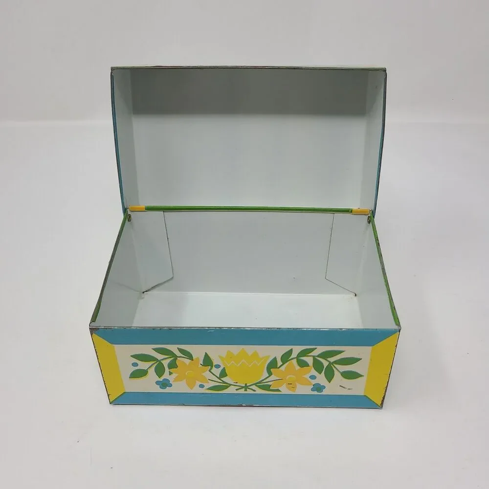 Vintage Metal Recipe Box Floral Yellow White Blue Orange Syndicate Mfg Co *READ